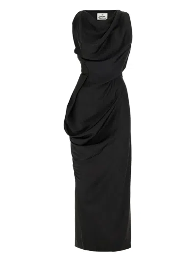 Vivienne Westwood Floor-length Satin Draped Dress With Side Slit In Black