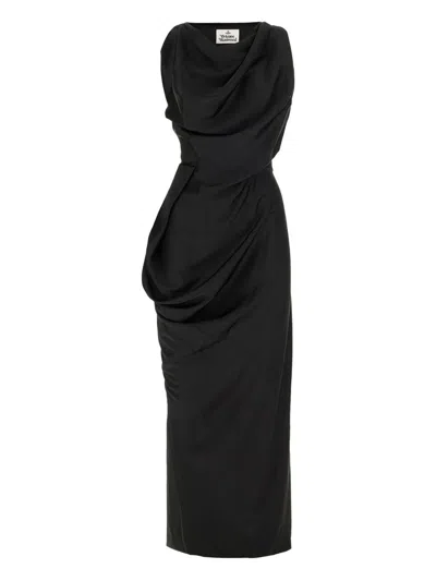 Vivienne Westwood Floor-length Satin Draped Dress With Side Slit In Black