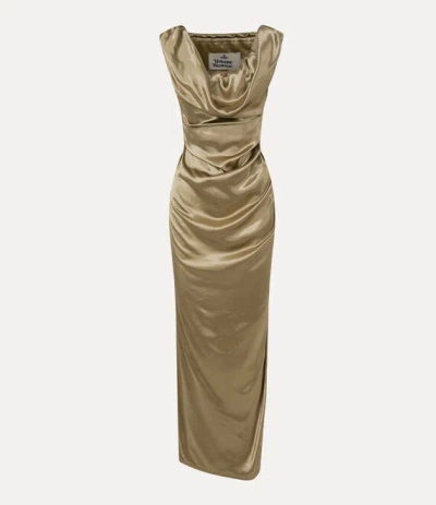 Vivienne Westwood Long Ginnie Pencil Dress Fluid Viscose Satin Gold 44 Women
