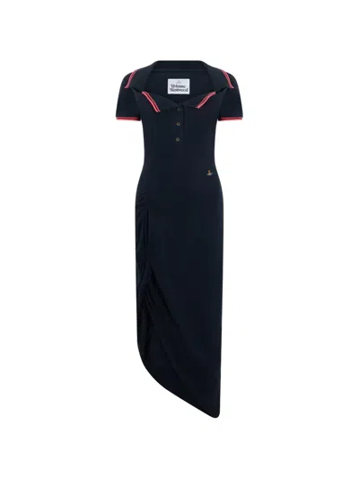 Vivienne Westwood Midi Dress Polo Collar Asymmetrical Hem In Blue