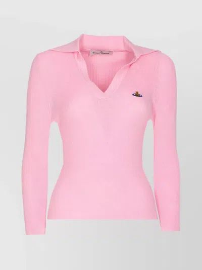 VIVIENNE WESTWOOD LONG SLEEVE COLLARED POLO TOP RIBBED TEXTURE
