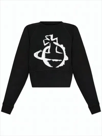 Vivienne Westwood Long-sleeved Cropped Sweatshirt With Bold Abstract Graphic In Black