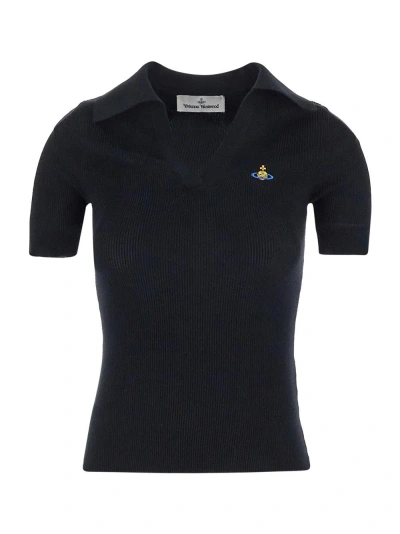 Vivienne Westwood Marina Ribbed-knit Cotton Jersey Polo Top In Black