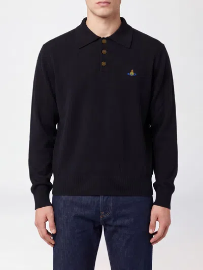 Vivienne Westwood Mark Knitted Wool Polo With Embroidered Orb Logo In Black