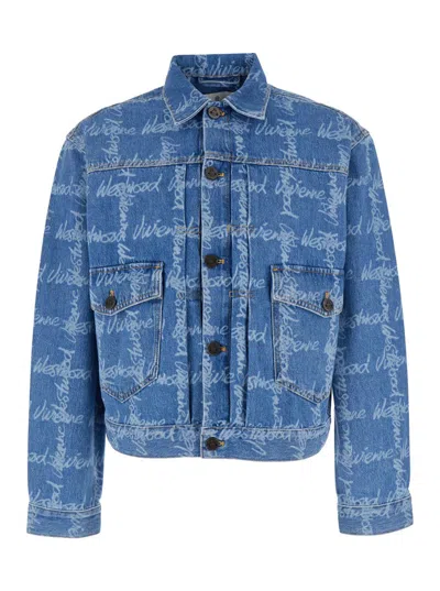 VIVIENNE WESTWOOD 'MARLENE' BLUE JACKET WITH ALL-OVER PRINTED LETTERING LOGO IN DENIM MAN