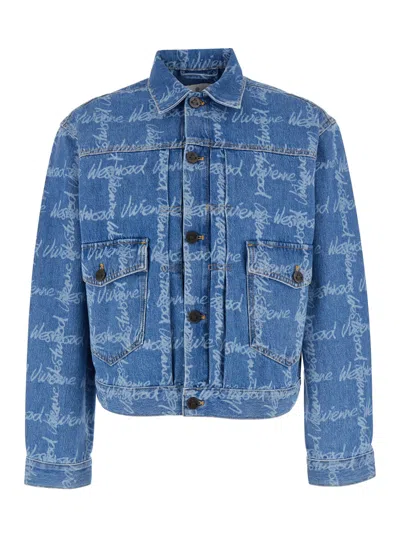 VIVIENNE WESTWOOD MARLENE BLUE JACKET WITH ALL-OVER PRINTED LETTERING LOGO IN DENIM MAN