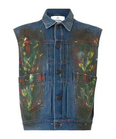 VIVIENNE WESTWOOD MARLENE PAINT-SPLATTERED DENIM GILET