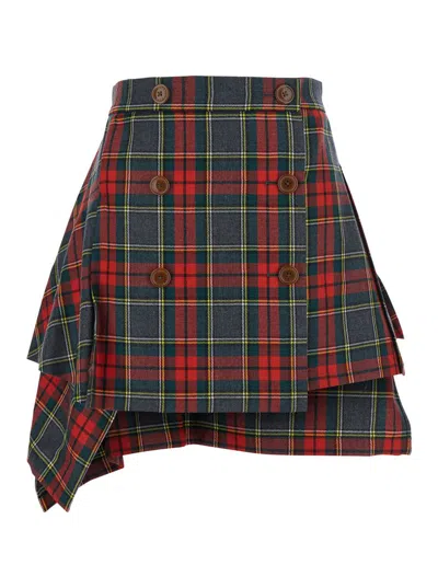 VIVIENNE WESTWOOD RED SKIRT WITH ASYMMETRICAL DESIGN AND ALL-OVER TARTAN PATTERN IN VIRGIN WOOL WOMAN