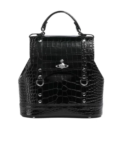 Vivienne Westwood Max Embossed Croc Small Ryggsäck Präglad Kalvskinn Svart In Black