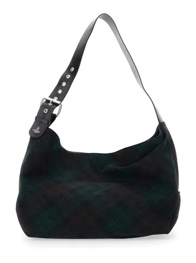 Vivienne Westwood 'maxime Grande' Dark Green Shoulder Bag With Adjustable Strap And Tartan Pattern In Wool Woman