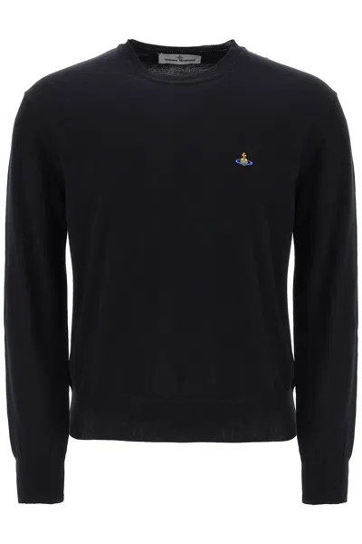 VIVIENNE WESTWOOD MEN'S COTTON PULLOVER SWEATER IN CLASSIC BLACK WITH MULTICOLORED EMBROIDERED LOGO