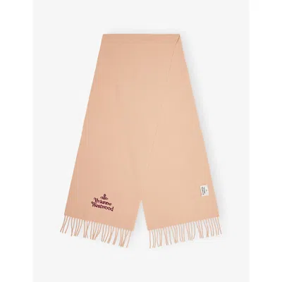 Vivienne Westwood Mens Beige Brand-embroidered Fringed Wool Scarf In Brown