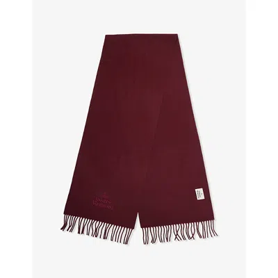 Vivienne Westwood Mens Bordeaux Brand-embroidered Fringed Wool Scarf In Burgundy