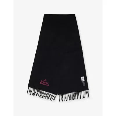 Vivienne Westwood Mens Brand-embroidered Fringed-trim Wool Scarf Black