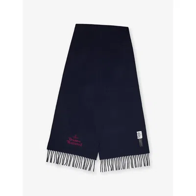 Vivienne Westwood Mens Brand-embroidered Fringed-trim Wool Scarf Dark Blue