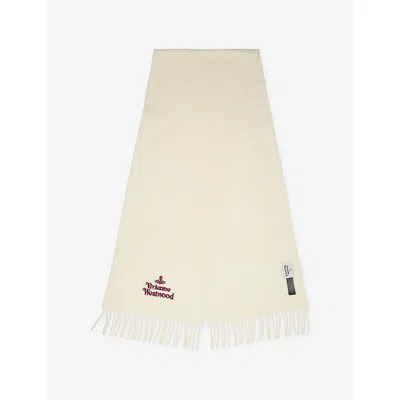 Vivienne Westwood Mens Brand-embroidered Fringed-trim Wool Scarf White