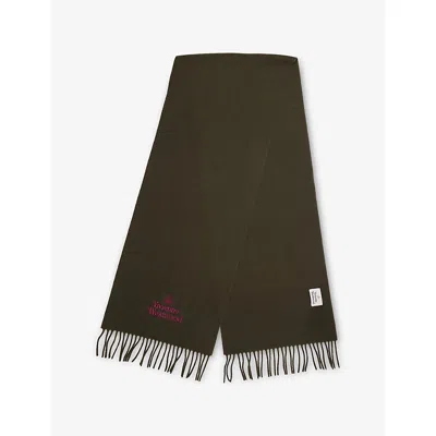 Vivienne Westwood Mens Dark Green Embroidered Logo Fringed Wool Scarf