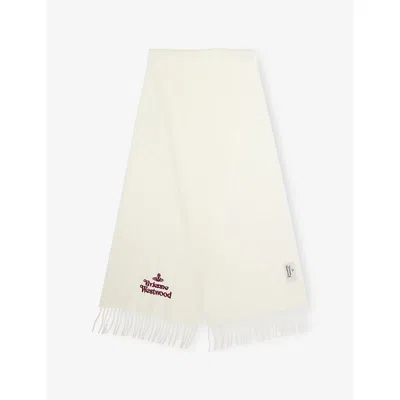 Vivienne Westwood Mens White Embroidered Logo Fringed Wool Scarf