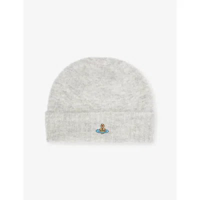 Vivienne Westwood Mens Grey Fluffy Brand-embroidered Alpaca-blend Beanie Hat In Gray