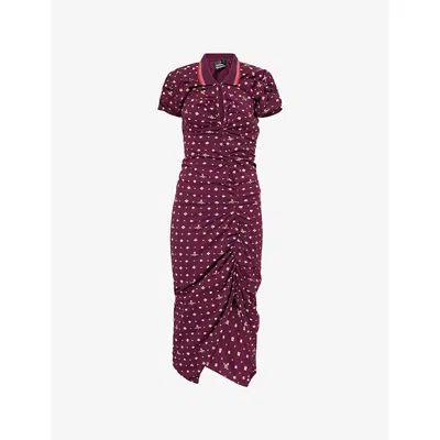 Vivienne Westwood Floral Ruched Dress Asymmetric Hem Short Sleeves In Burgundy