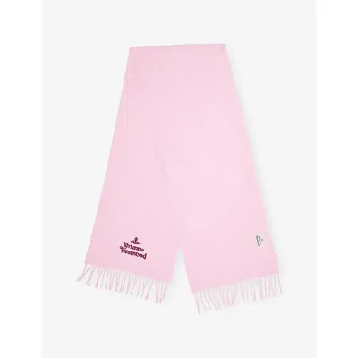 Vivienne Westwood Mens Pink Brand-embroidered Fringed Wool Scarf