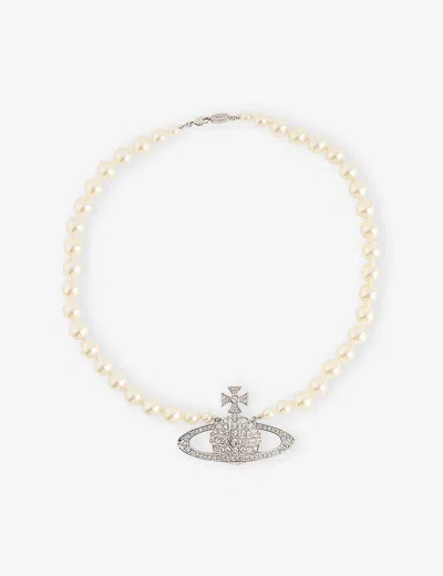 Vivienne Westwood Bas Relief Swarovski Pearl Orb Necklace In Platinum/cream/crystal