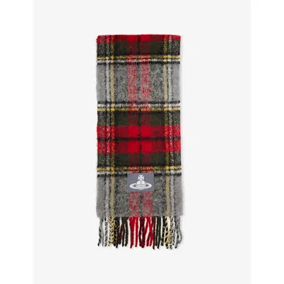 Vivienne Westwood Mens Red Tartan Logo-patch Alpaca-blend Scarf In Gray