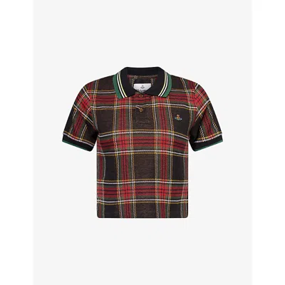 VIVIENNE WESTWOOD MENS RED/GREEN MINI CLASSIC CHECK-PRINT COTTON-JERSEY POLO SHIRT XS