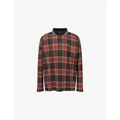 VIVIENNE WESTWOOD MENS RED/GREEN OVERSIZED TARTAN COTTON-JERSEY POLO TOP