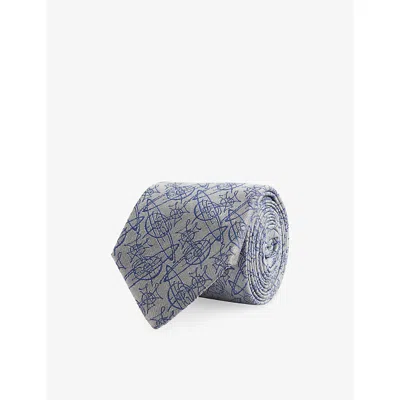 Vivienne Westwood Mens Silver Branded Silk Tie In Blue