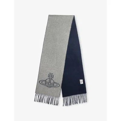 Vivienne Westwood Mens Mineral Grey Single Orb Double Face Wool Scarf In Blue