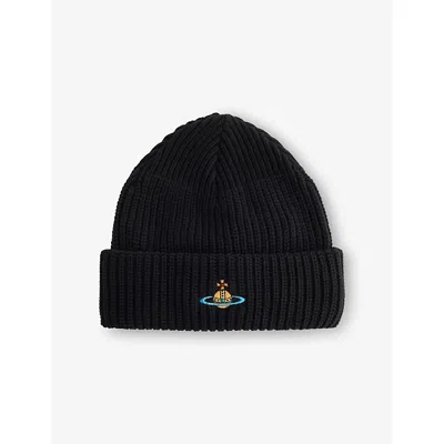 Vivienne Westwood Mens Sporty Brand-embroidered Wool Beanie Hat Black