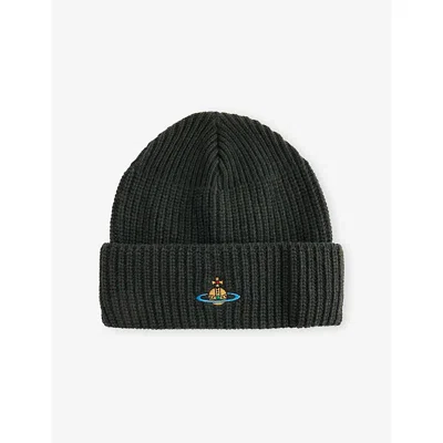 Vivienne Westwood Mens Sporty Brand-embroidered Wool Beanie Hat Green