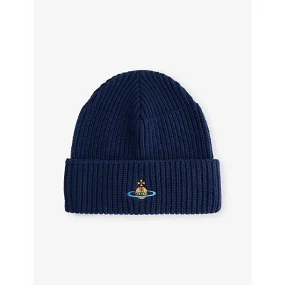 Vivienne Westwood Mens Sporty Brand-embroidered Wool Beanie Hat Navy Blue