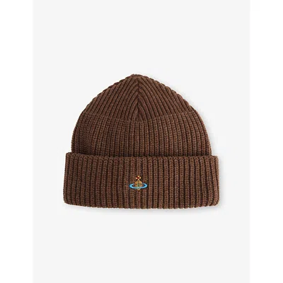 Vivienne Westwood Mens Brown Sporty Orb-embroidery Wool Beanie