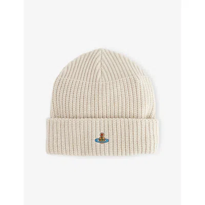 VIVIENNE WESTWOOD MENS WHITE SPORTY ORB-EMBROIDERY WOOL BEANIE