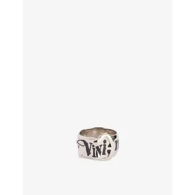 Vivienne Westwood Mens Platinum / Black Enamel Belt Brand-text 925 Sterling Silver Ring Xxl