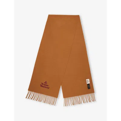 Vivienne Westwood Mens Camel Embroidered Fringed Wool Scarf