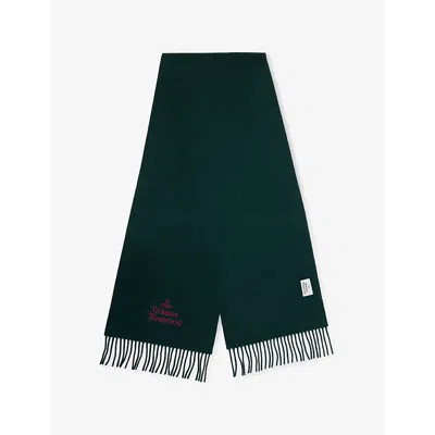 Vivienne Westwood Mens Dark Green Embroidered Fringed Wool Scarf