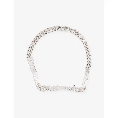 Vivienne Westwood Mens Platinum / Black Patina Minos Logo-lettering Brass Necklace In Metallic