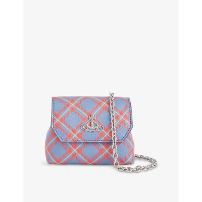 Vivienne Westwood Mens  Orb-plaque Check-pattern Nano Faux Leather-blend Pouch In Blue/orange Tartan