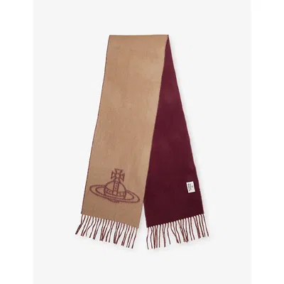 Vivienne Westwood Mens Camel Single Orb Fringed Wool Scarf In Brown