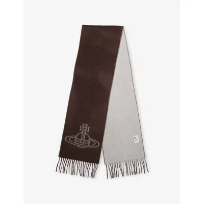 Vivienne Westwood Mens Brown Single Orb Fringed Wool Scarf