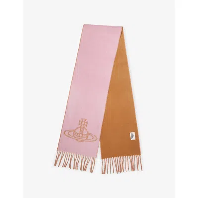 Vivienne Westwood Mens Cotton Pink Single Orb Fringed Wool Scarf In Multi