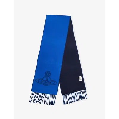 Vivienne Westwood Mens Royal Blue Single Orb Fringed Wool Scarf