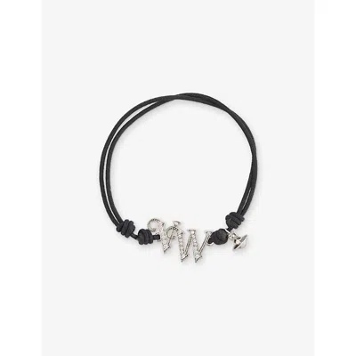 Vivienne Westwood Mens  Vw Logo Brass And Cord Bracelet In Antqe Plati Wht Blk Fabr