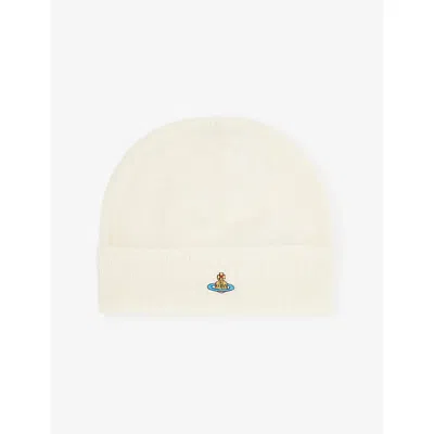 Vivienne Westwood Mens White Fluffy Brand-embroidered Alpaca-blend Beanie Hat