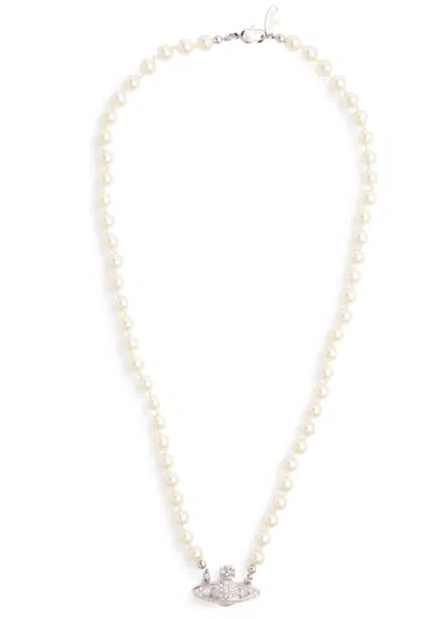 Vivienne Westwood Mini Bas Relief Faux Pearl Necklace In Silver