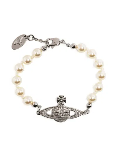 Vivienne Westwood Mini Bas Relief Pearl Logo-charm Bracelet In White