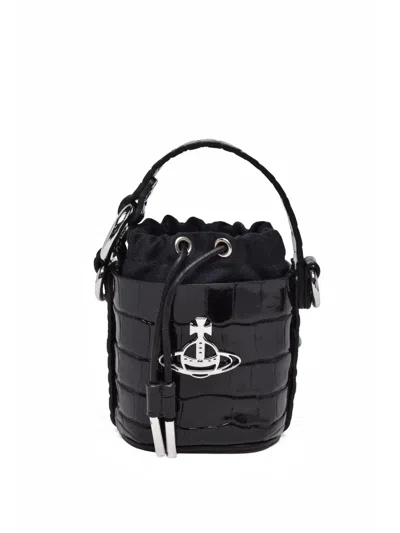 Vivienne Westwood Mini Daisy Crossbody Bag With Crocodile-embossed Leather And Drawstring Closure In Black